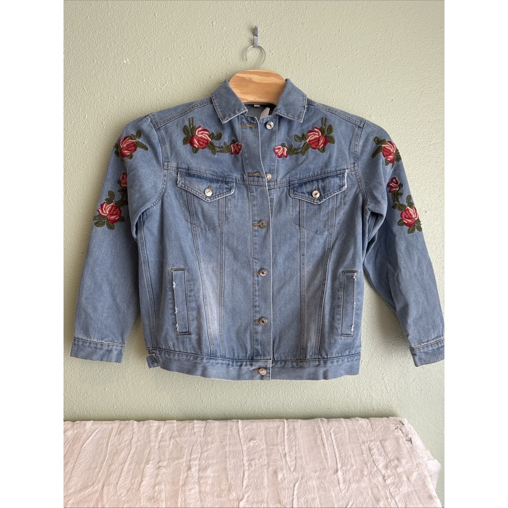 Ladies Rose Embroidered Denim Jacket Festival Cottage Core Prairie Cowgirl M New